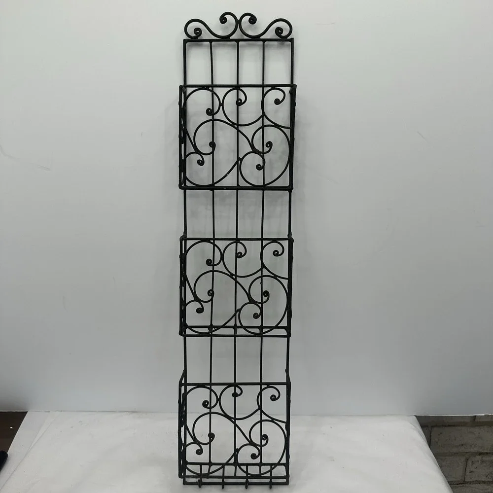 Vintage Iron Wall Rack 3 Bins 4 Hooks Home Office Storage Display Shelf 26